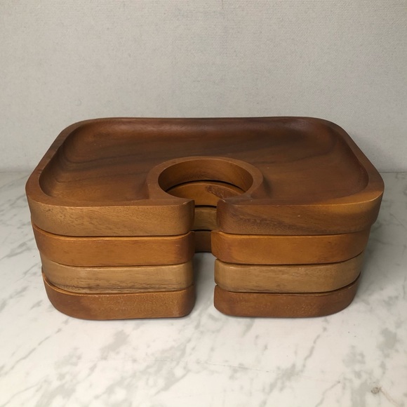 Set of 4 Teak Wood WINE & DINE PLATTERS TRAY - Picture 7 of 9